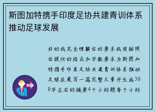 斯图加特携手印度足协共建青训体系推动足球发展 斯图加特携手印度足协共建青训体系推动足球发展
